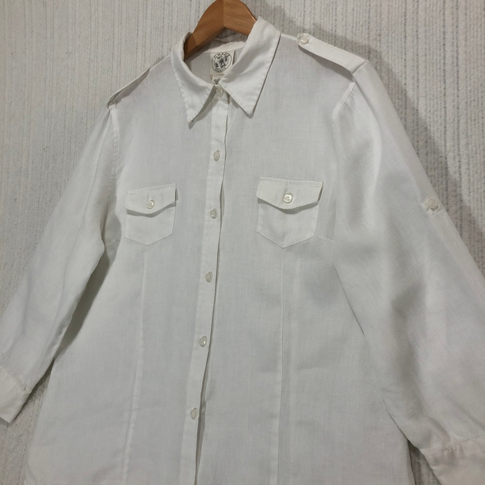 Chaus‎ Organic Linen Button Down Shirt Roll Tab Sleeves White Women's Size Large